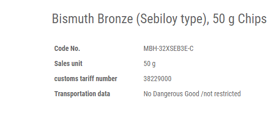 Mẫu chuẩn Bismuth Bronze (Sebiloy type), 50 g Chips, NSX: MBH, UK