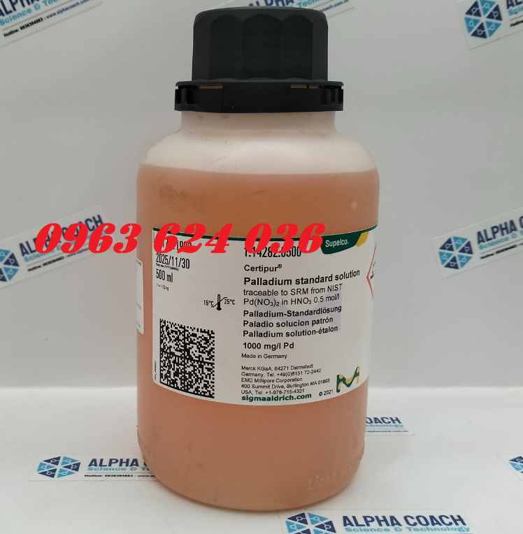 Hóa chất Palladium standard solution 0,5 mol/l 1000 mg/l Pd Certipur, HS Code: 38229090, Chai 500ml