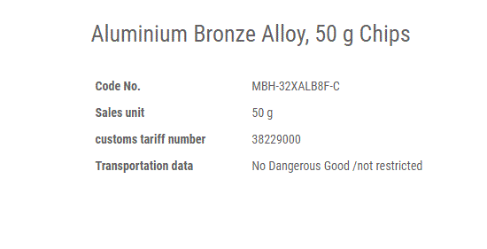 Mẫu chuẩn hợp kim Cu-Al (Aluminium Bronze Alloy, 50g Chips), NSX: MBH, UK