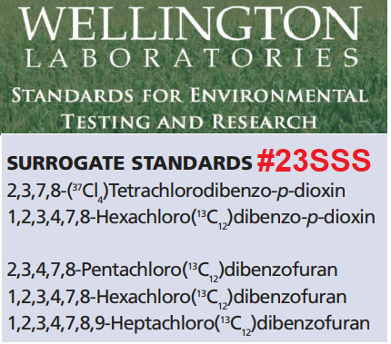 Chất chuẩn đồng hành dioxin/furan 1000ng/ml (=1ug/ml) EPA Method 23 (METHOD 23 SURROGATE STANDARD STOCK SOLUTION), Hãng Wellington, Canada (mã EPA-23SSS tương đương mã EDF-4054, CIL, USA)