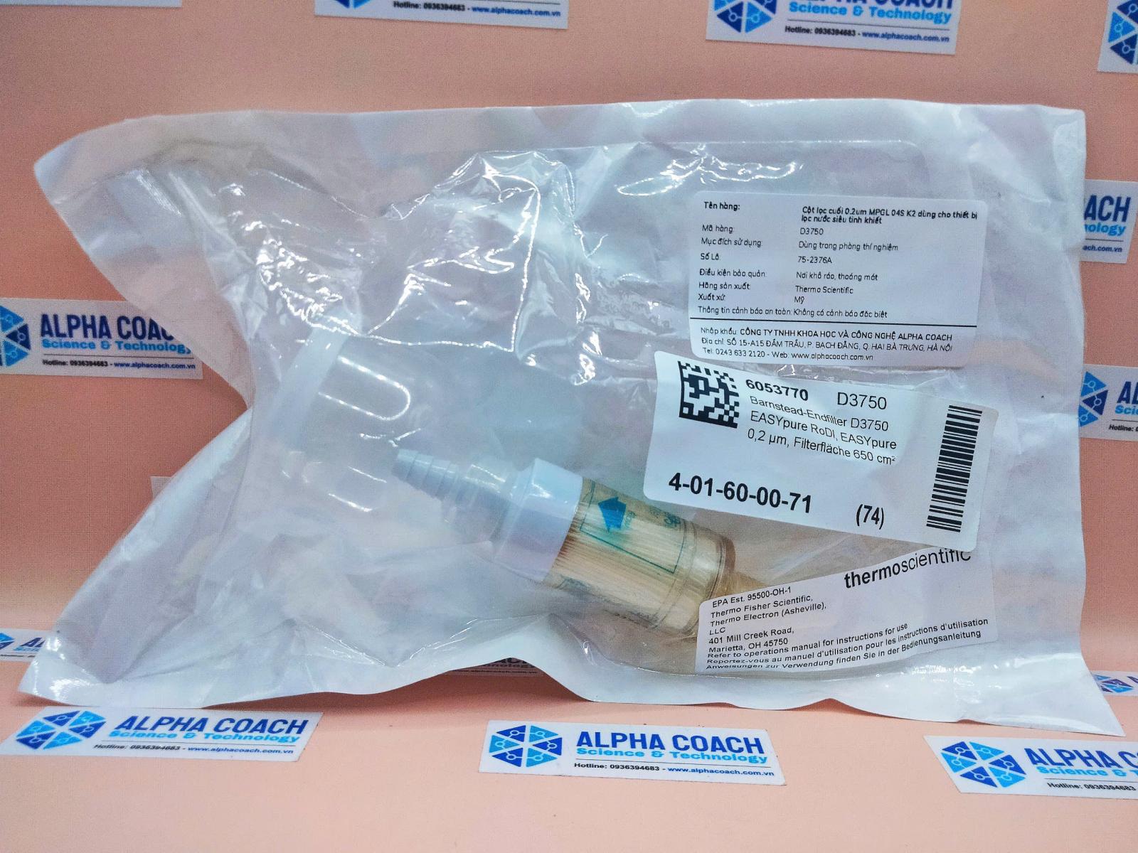 Cột lọc cuối 0.2um MPGL 04S K2, bộ phận của thiết bị lọc nước siêu tinh khiết trong phòng thí nghiệm, mã hàng D3750, hãng Thermo Scientific (Mỹ)