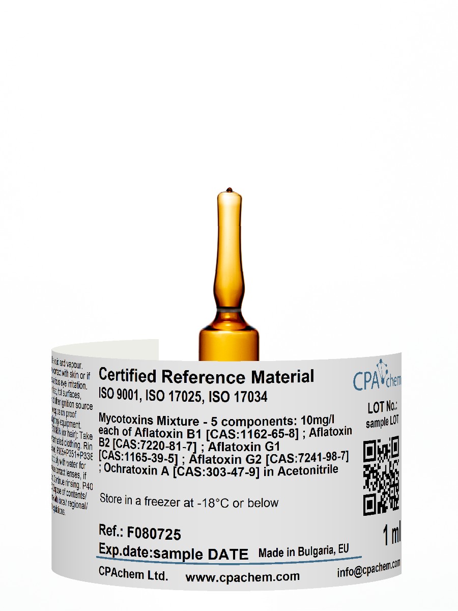 Dung dịch chuẩn độc tố nấm mốc (Mycotoxins) B1, B2, G1, G2,  Ochratoxin A nồng độ 10mg/L trong Acetonitrile, 1ml/lọ, mã F080725, Hãng CPAChem, Bungari (ISO 17034)