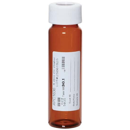 Lọ VOA (Volatile Organic Analysis) màu nâu 40 mL, nắp Open-Top màu trắng, chứa sẵn 0,5 mL axit clohidric (HCl) tỉ lệ 1:1; đóng gói 72 lọ/hộp, Hãng Environmental Express, USA