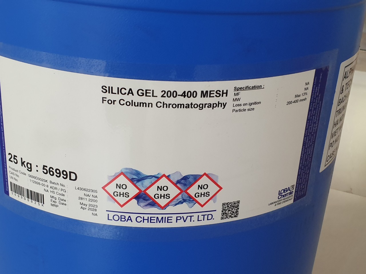 Hoá chất SILICA GEL 200-400 MESH  For Column Chromatography, 25kg/thùng, Hãng Loba Chemie Ấn độ